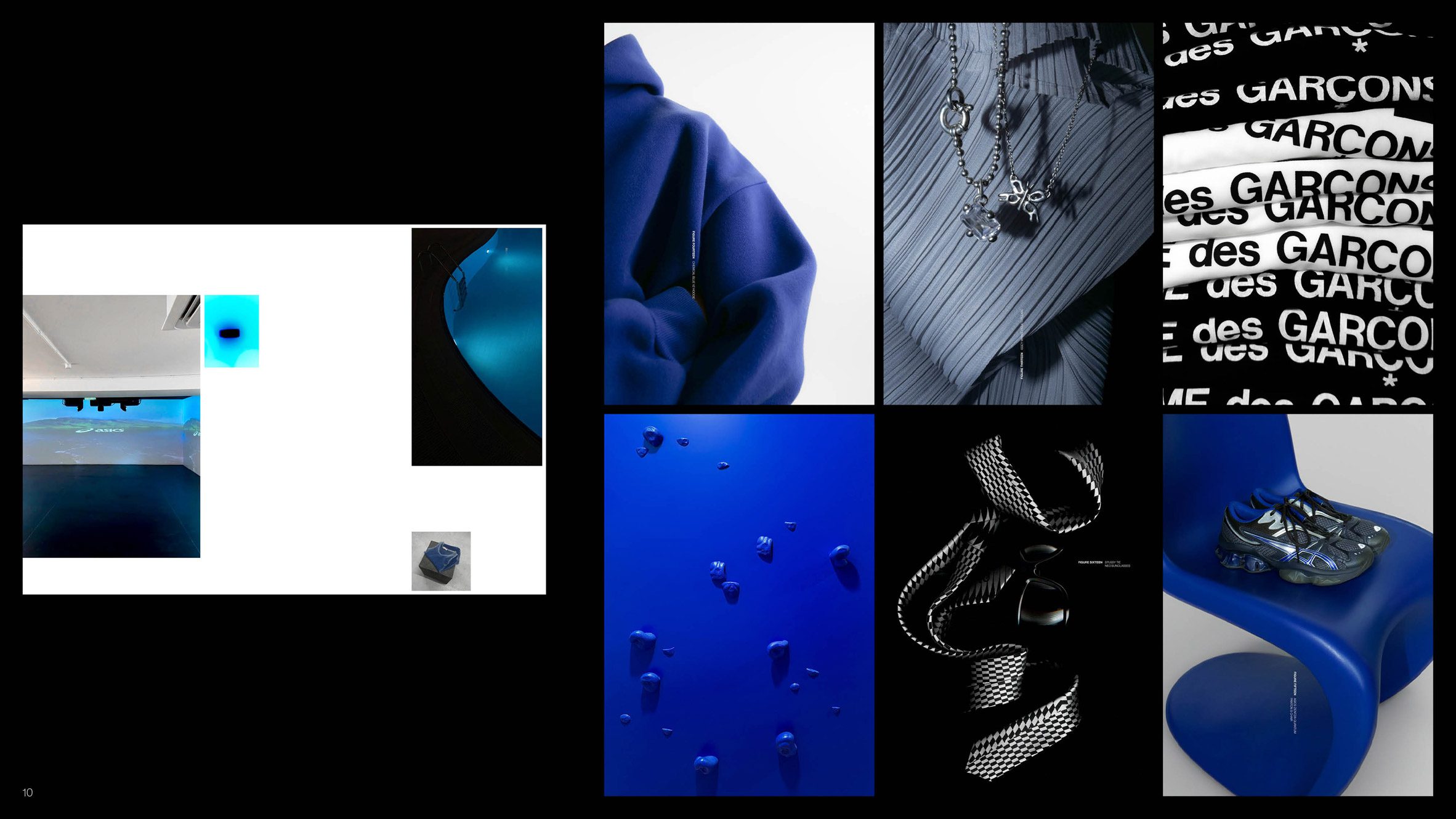 A collection of images displaying various objects in tones of black, white and blue.