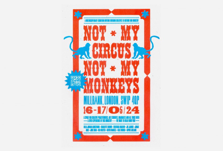 An exhibition poster in tones of red, white and blue, with the words 'not my circus not my monkeys' written in large red text in the centre.