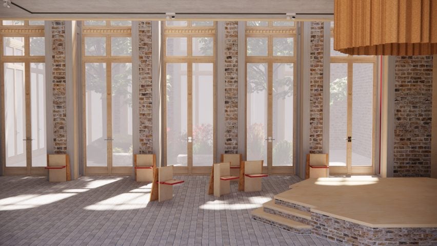 Visualisation of a space in tones of brown with brick walls and flooring