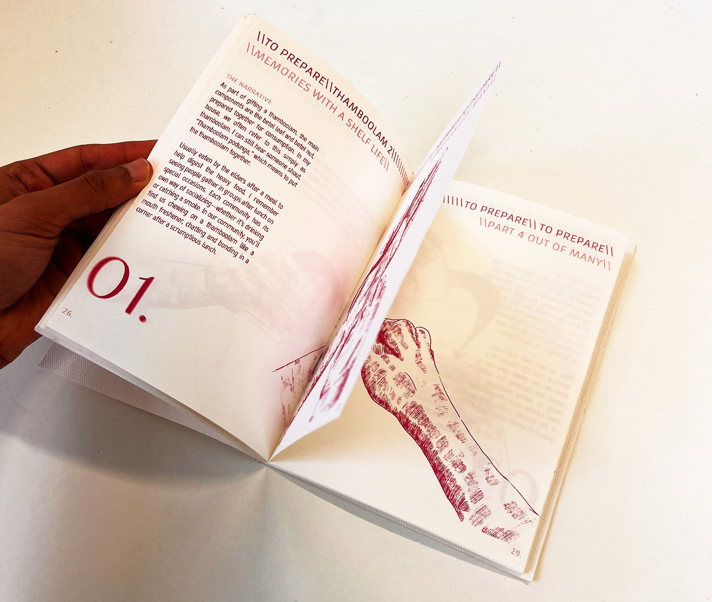 A photograph of a person handling a publication in tones of white and red