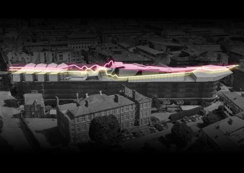 Visualisation of a city from above in tones of black and white, with pink and yellow horizontal lines across