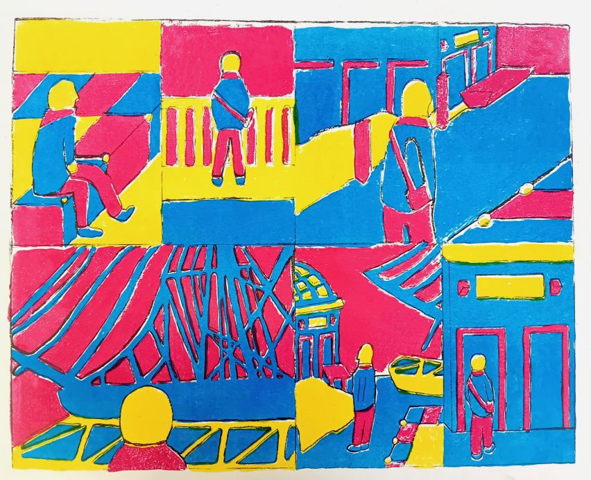 An illustration of a figure among city streets in tones of pink, blue and yellow