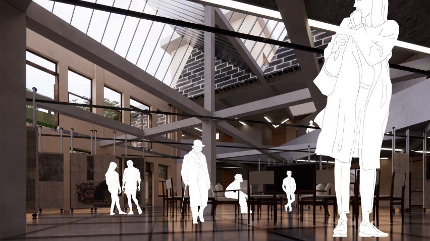 Visualisation of a museum space in tones of brown and grey with white figures in the space