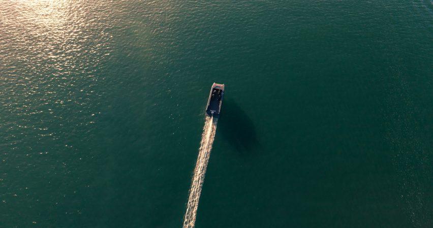 Aerial view of an electric hydrofoil ferry 