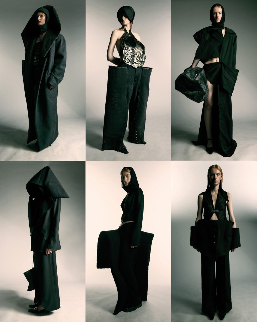 A series of six photographs of people modelling large, structural black garments, against black and beige backgrounds.