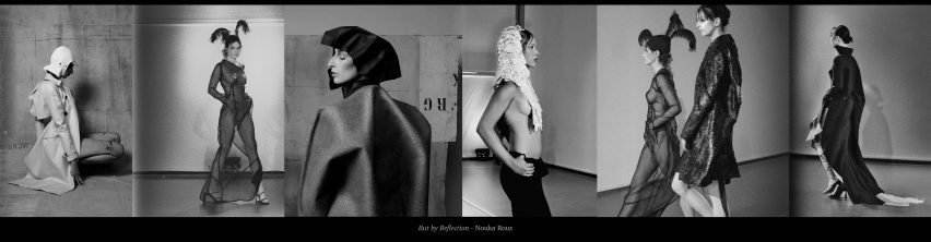 A series of six black and white photographs displaying models wearing a student fashion collection.