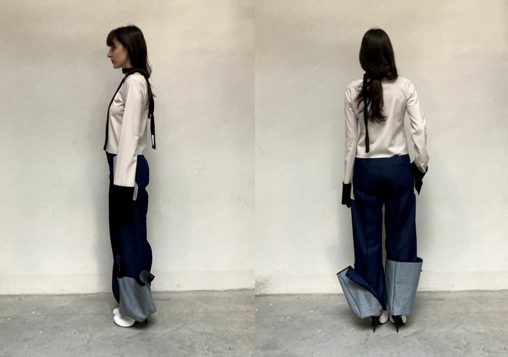 Two images adjacent to one another showing a model at different angles wearing a student fashion collection, of a white top and blue jeans, against a beige backdrop.