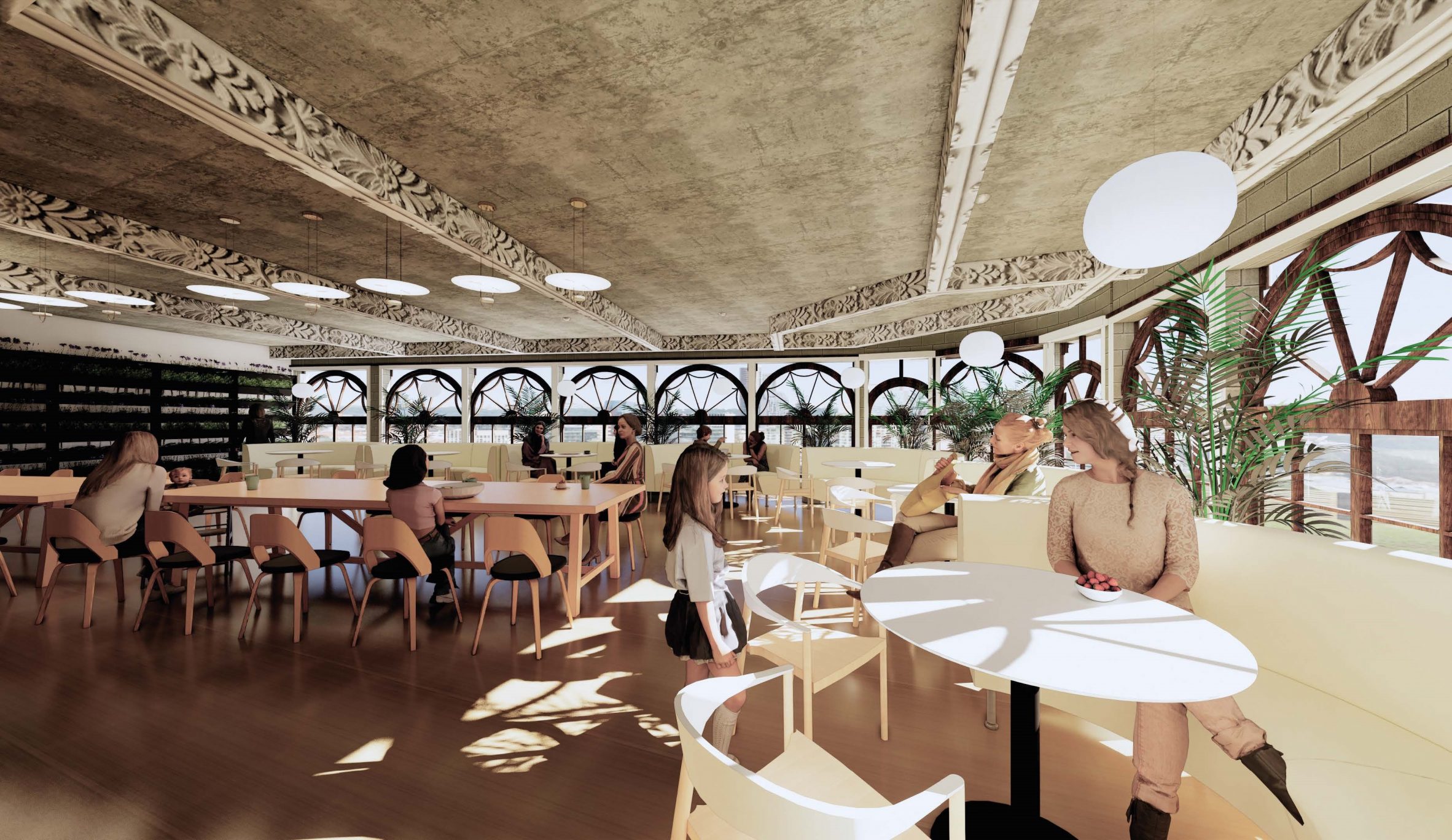 A visualisation of a shelter for victims of abuse, in tones of brown, with various people sitting at tables in the space.