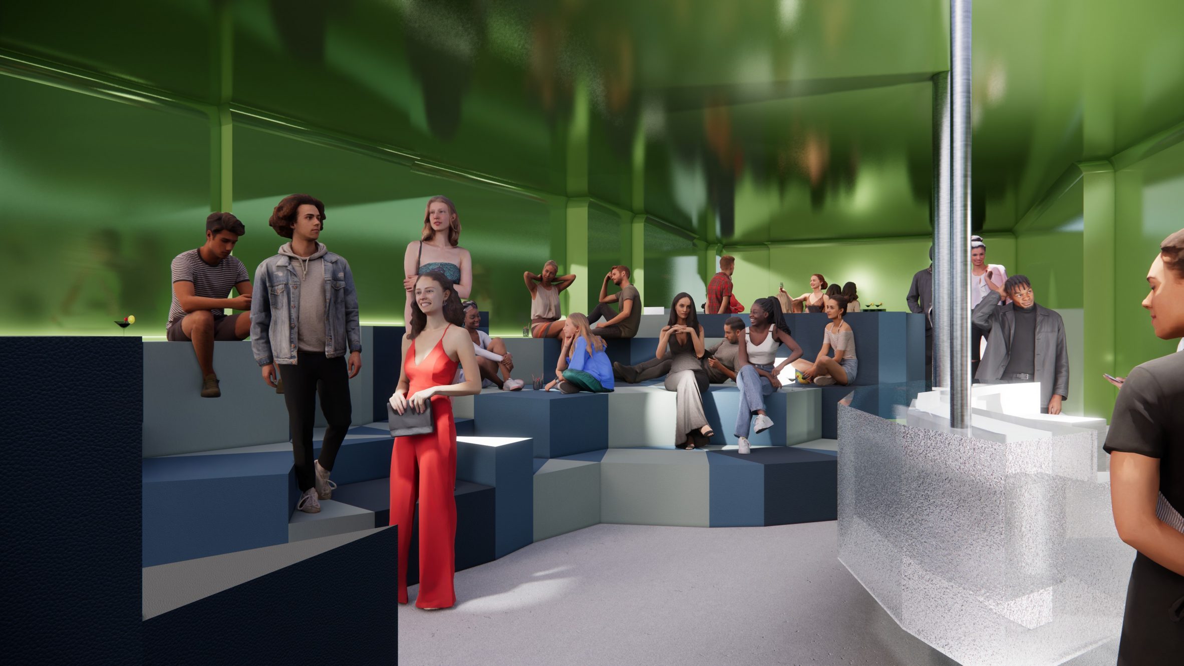 A visualisation of a bar in tones of white, green and blue, with a large group of people interacting in the space.