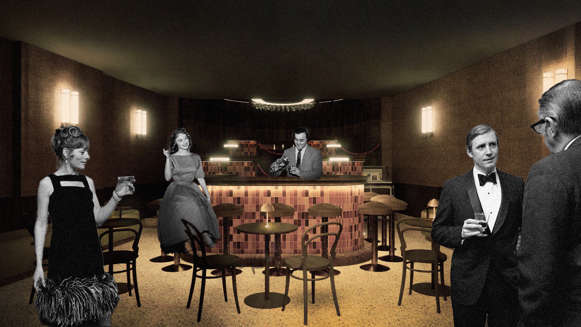 A visualisation of a bar in tones of brown and pink, with photographs of figures placed in black and white in the space.