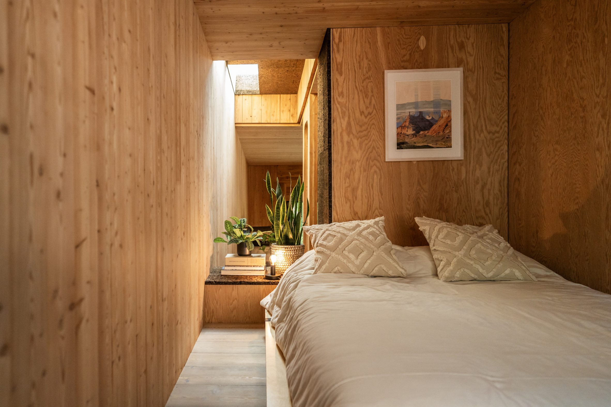 Wood-clad interior of the cabin