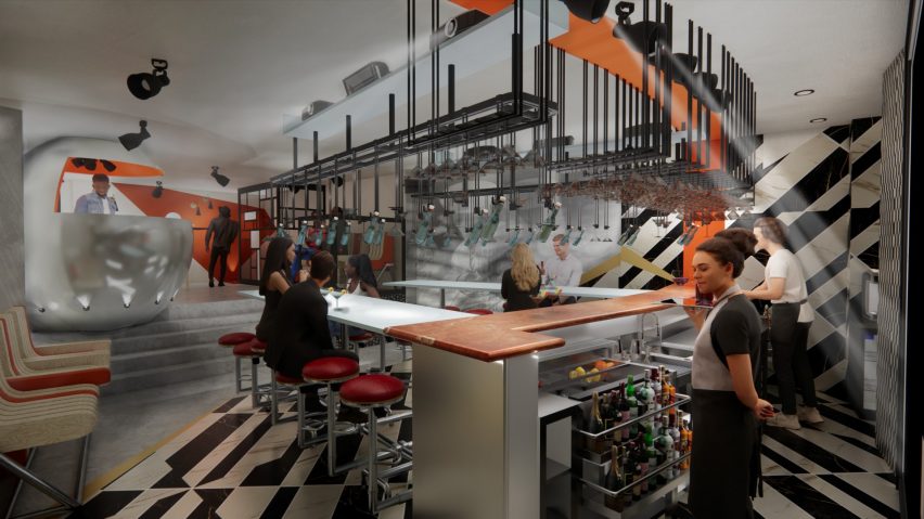 A visualisation of a bar in tones of orange, black and white, with people interacting with the space.