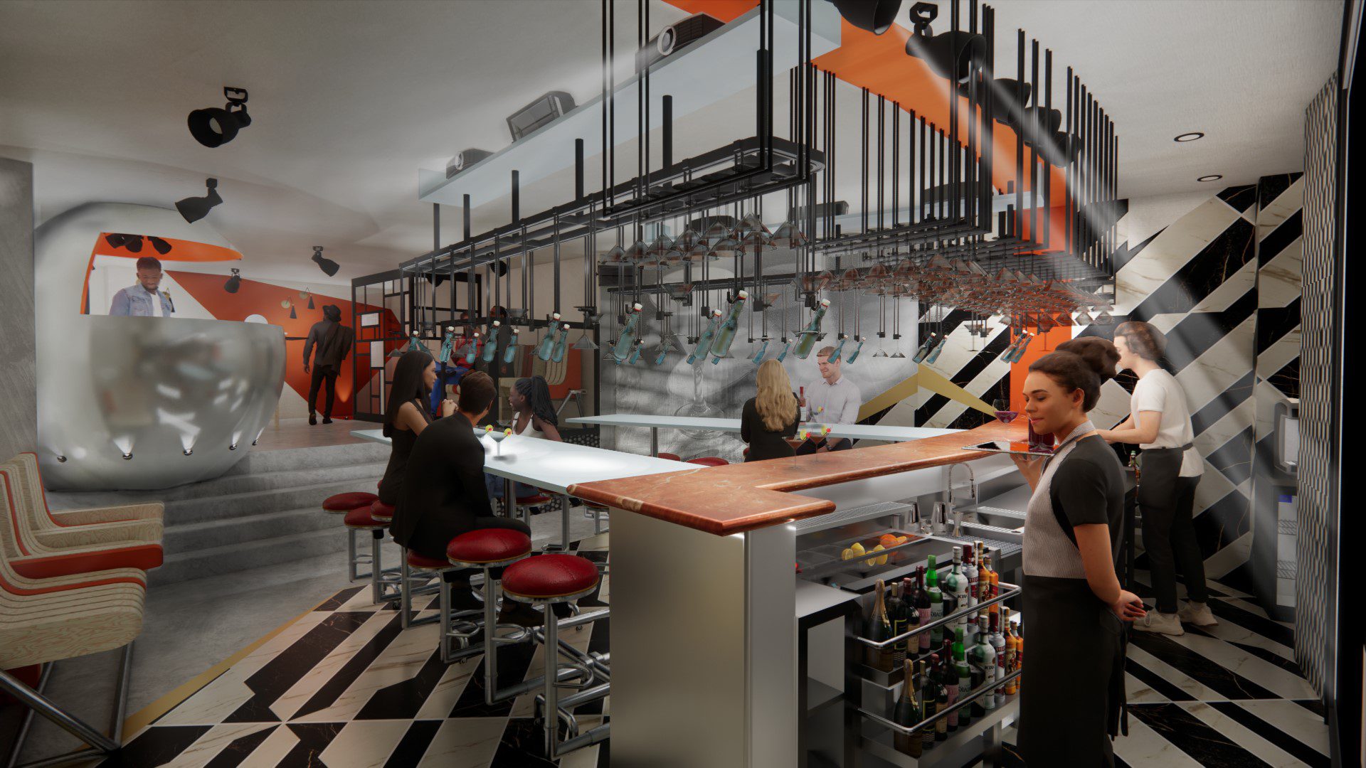 A visualisation of a bar in tones of orange, black and white, with people interacting with the space.