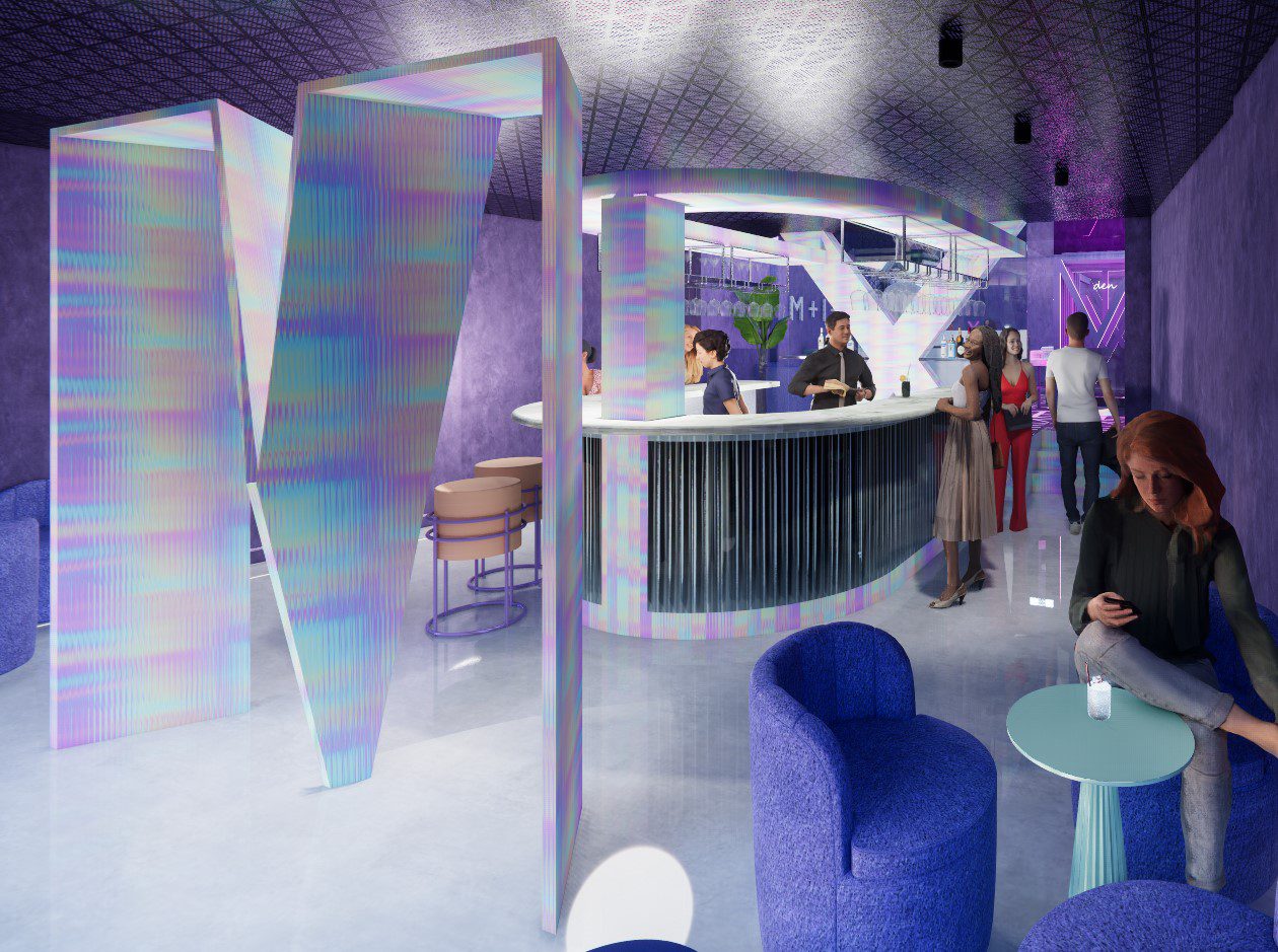 A visualisation of a bar in tones of purple, blue and white.