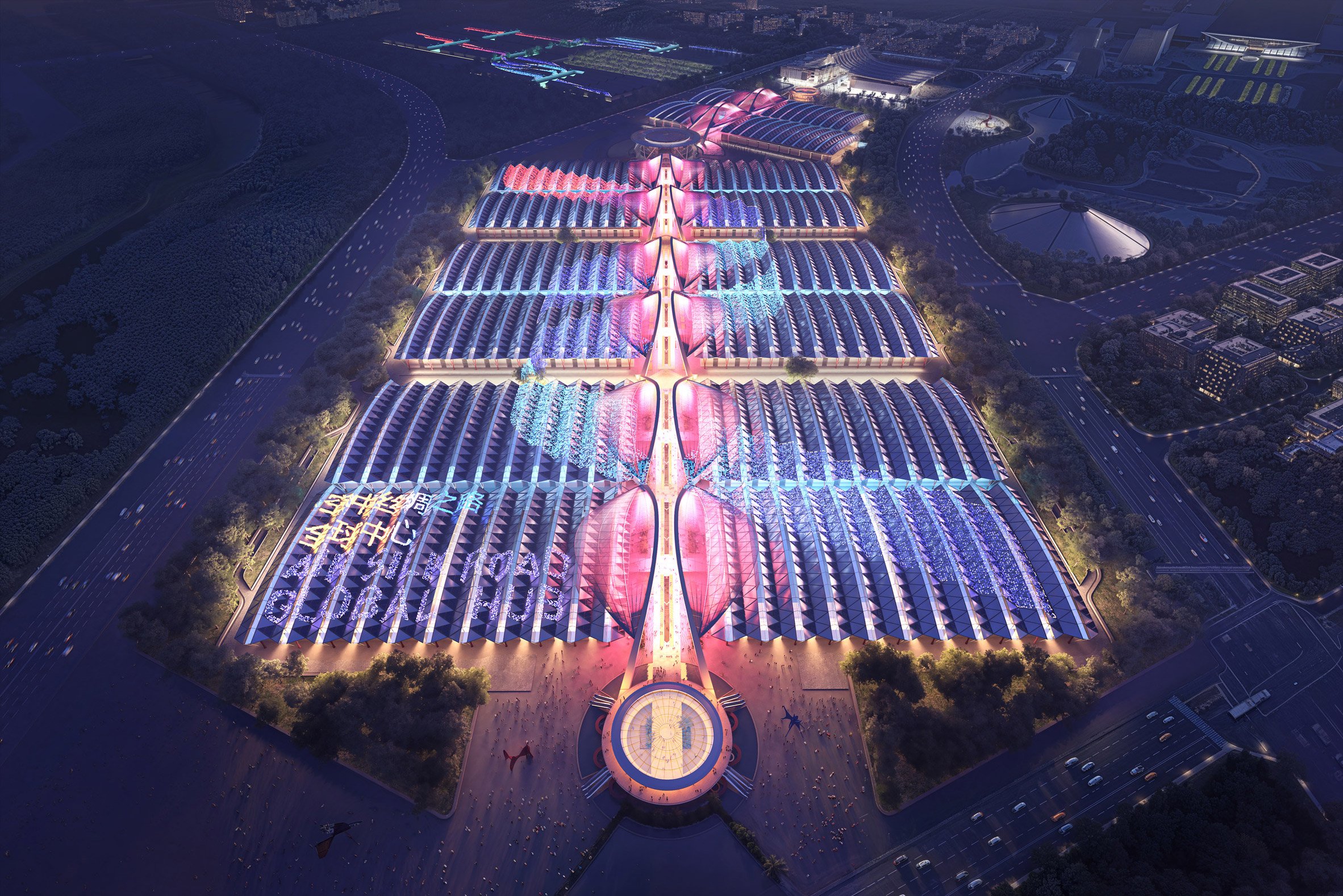 View of convention centre in Henan lit by neon lights