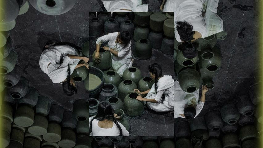 Graphic made from a photo of people making ceramics