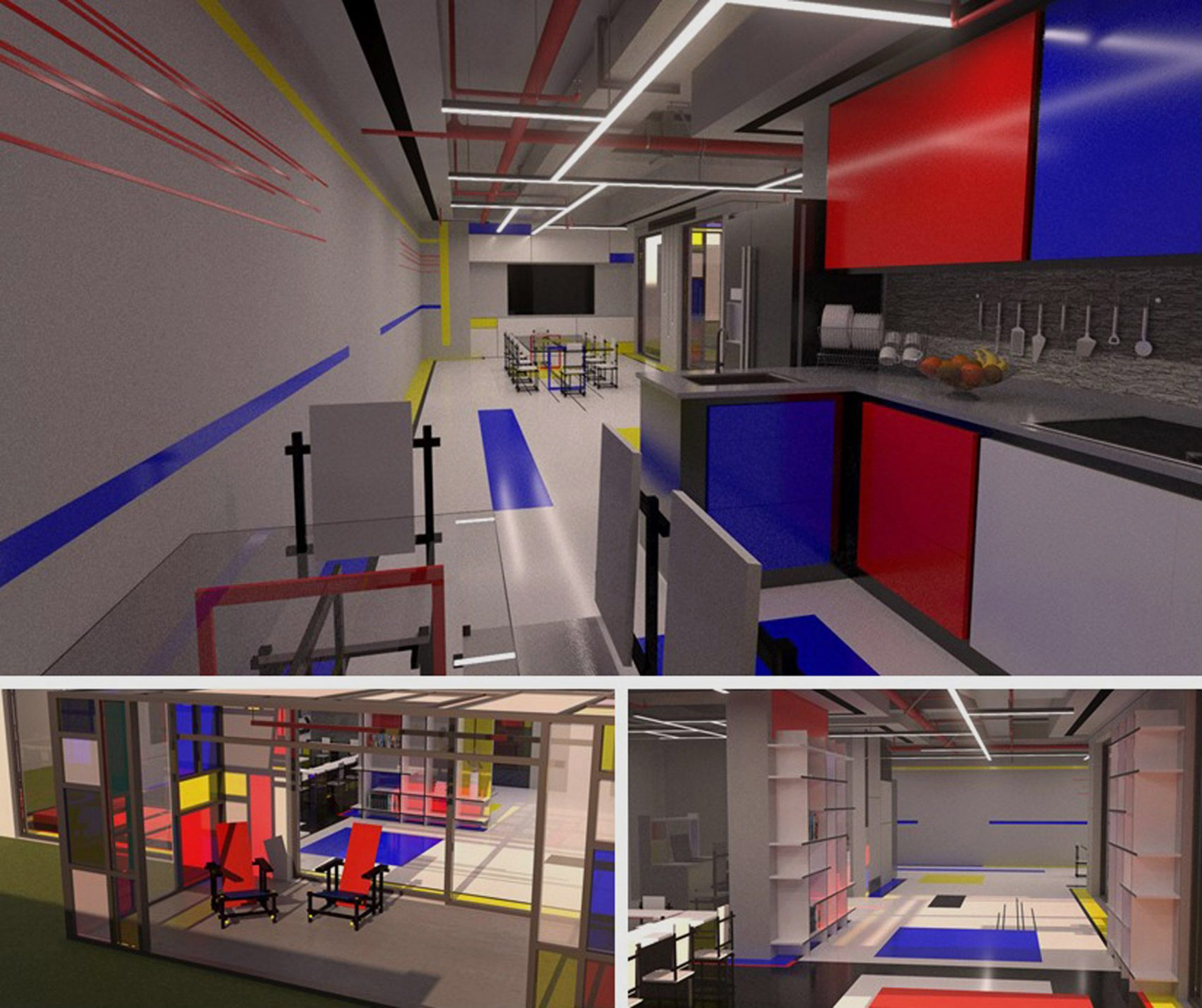 Visualisation of a kindergarten interior in colours of red, blue and yellow.