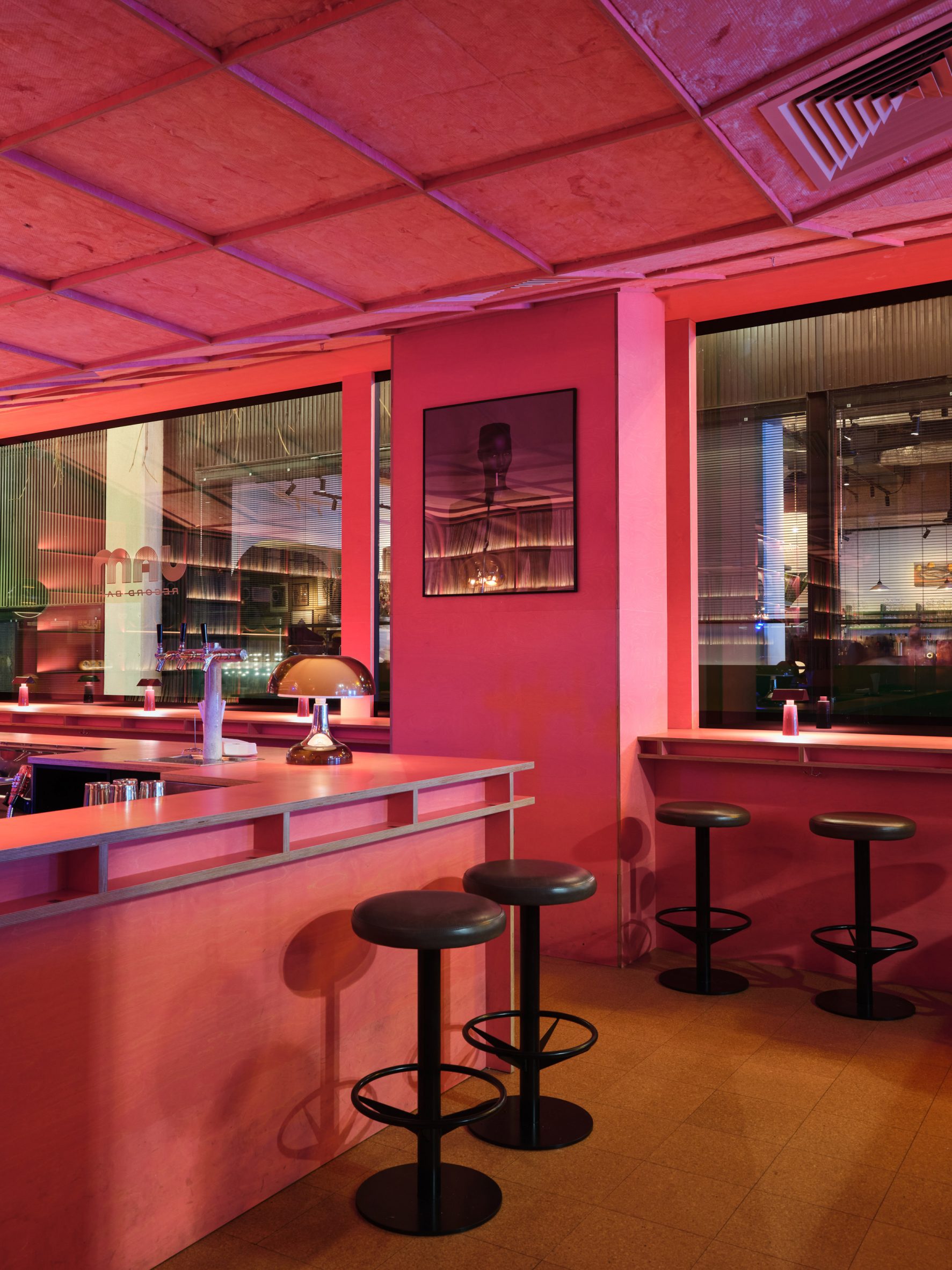 Central bar seating of JAM Record Bar by Akin Atelier