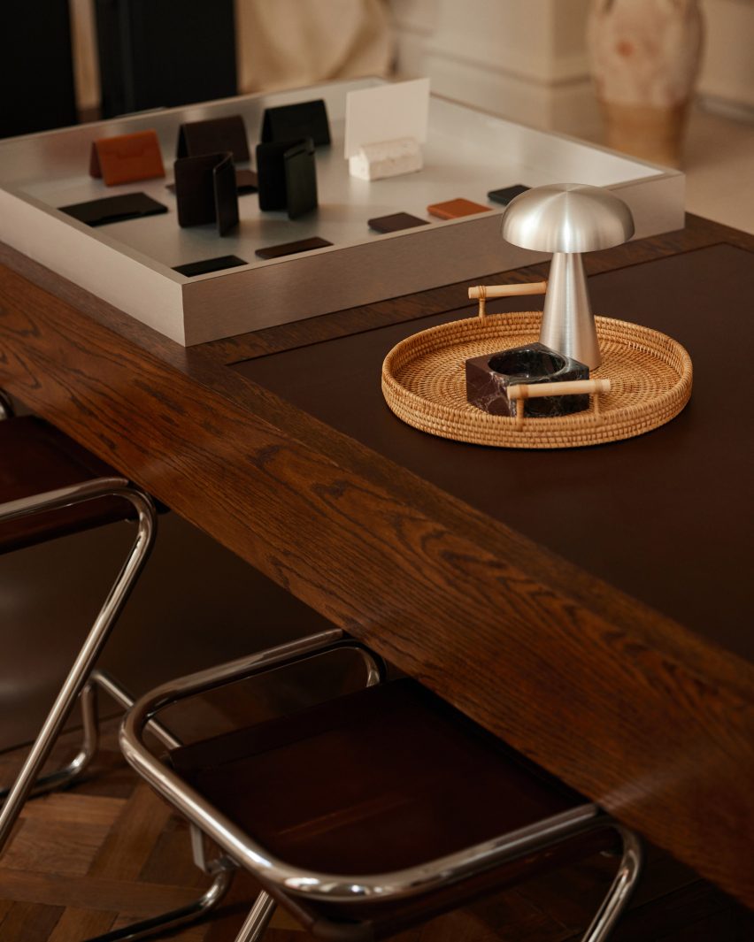 Close-up of wallets displayed on a wooden desk