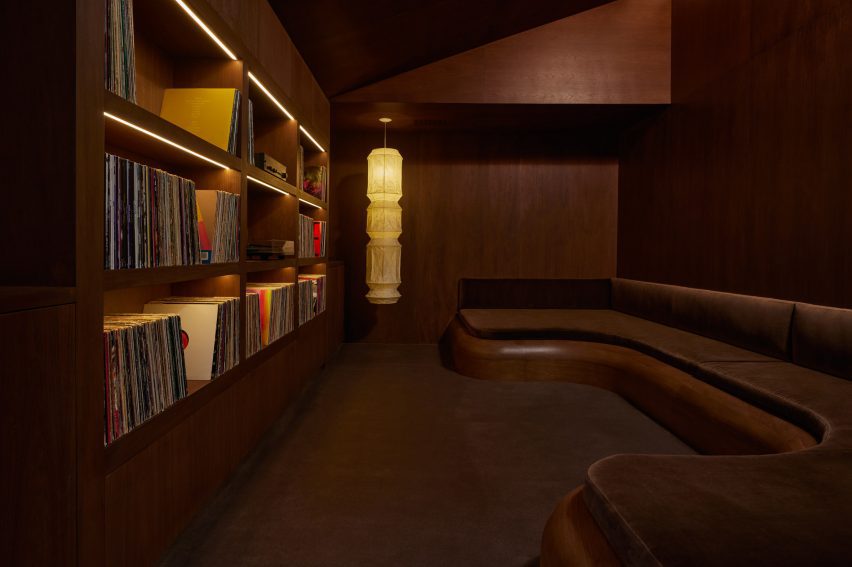 Listening room is decorated entirely in chocolate brown