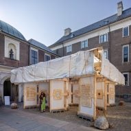 Chart exhibits artworks in pavilion made from recycled ship sails