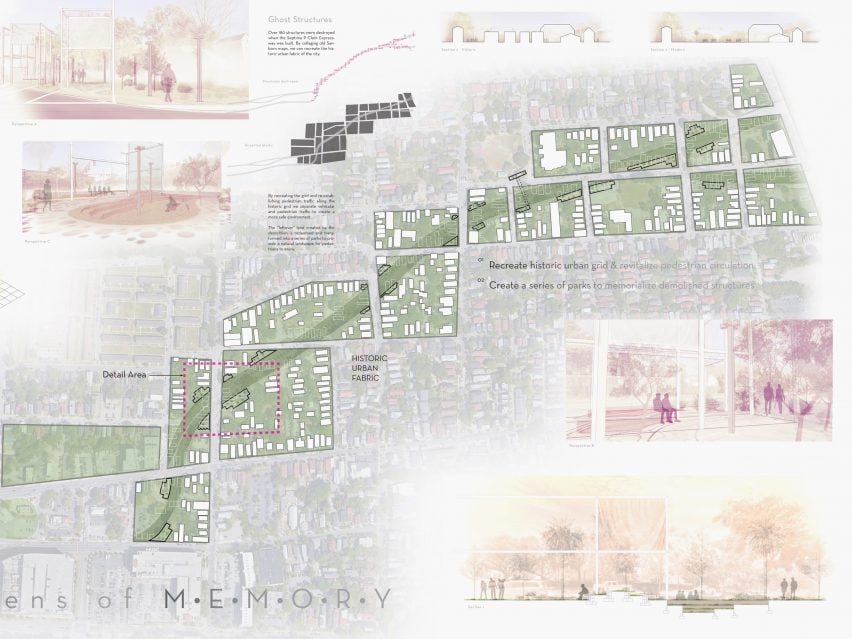 A visualisation showing a development proposal for an area of Charleston, USA, in tones of green, grey, yellow and red.