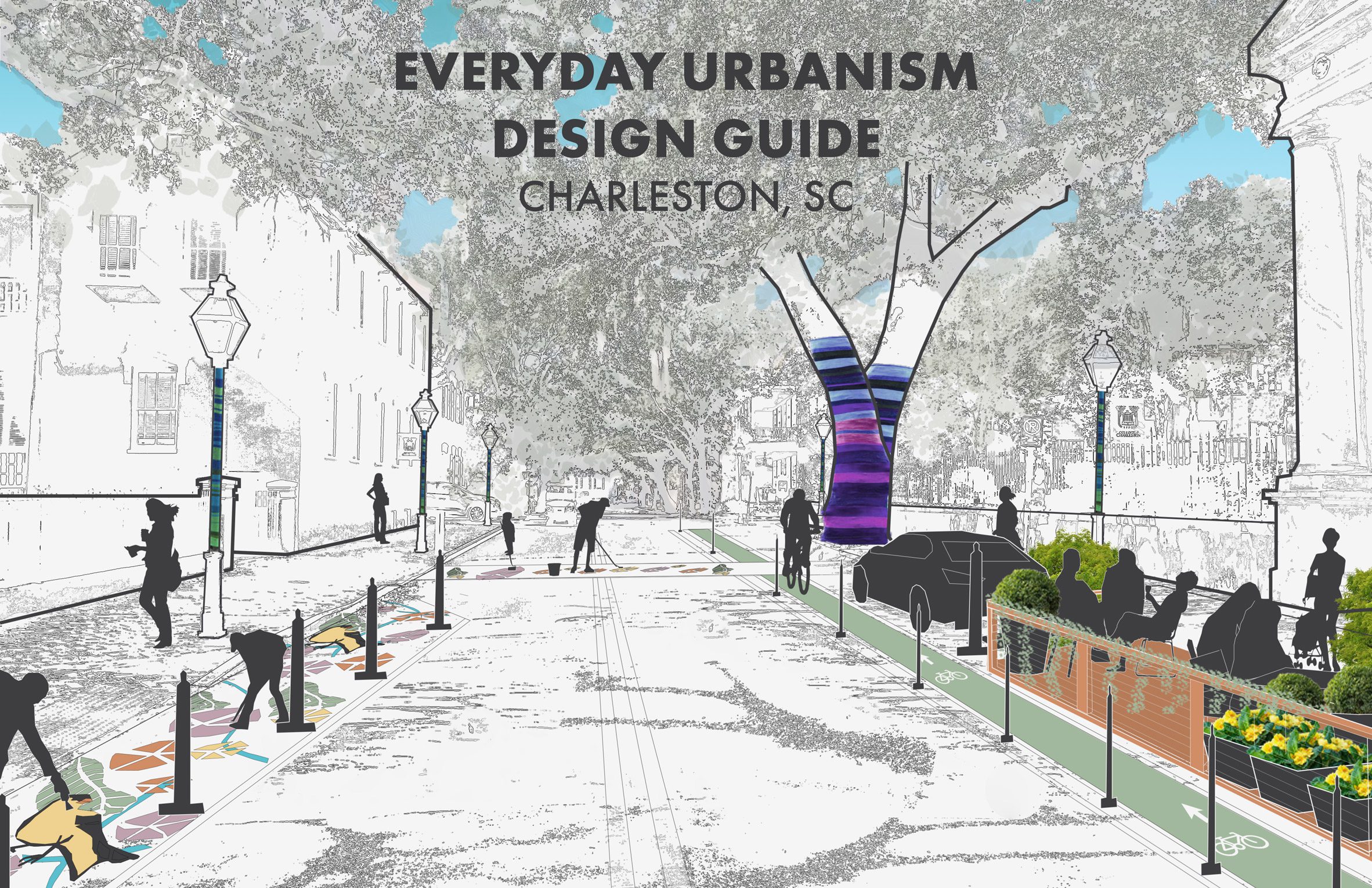 A visualisation of a street in Charleston, in tones of black and white with yellow, green, purple and blue. Overlaid on the image is black text which reads 'Everyday Urbanism Design Guide', and below it, 'Charleston, SC'.