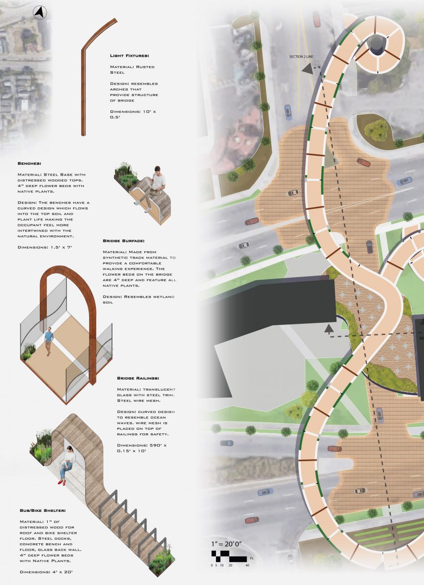 An image displaying a plan for a bridge design, in tones of white, grey and brown, with black text.