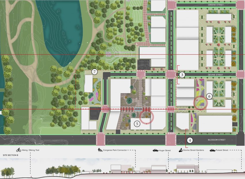 A diagram displaying a bird's eye view of a proposal for an area of Charleston, USA, in tones of white, grey and green.