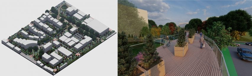 Two visualisations adjacent to one another displaying a proposal for a railway line. One shows the design in full, with buildings and land in grey and green, whilst the other shows an accurate visualisation of the walkway that exists over the railway line, in tones of brown with green trees and plants surrounding it.