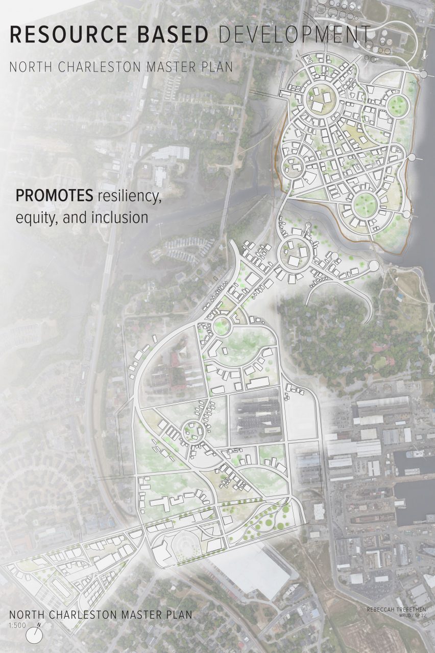 A visualisation from above of a redevelopment plan for a neighbourhood in Charleston, USA, in tones of brown, white and green. There is black text detailing the plan which is overlaid on the image.