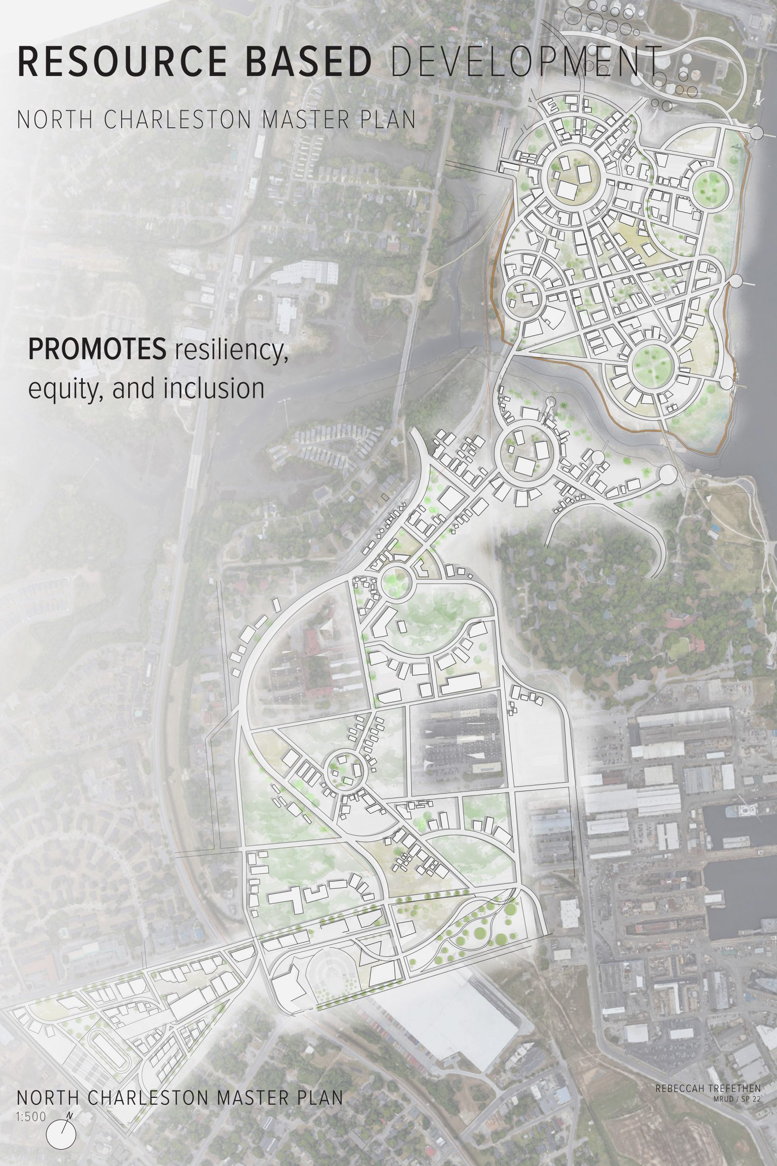 A visualisation from above of a redevelopment plan for a neighbourhood in Charleston, USA, in tones of brown, white and green. There is black text detailing the plan which is overlaid on the image.