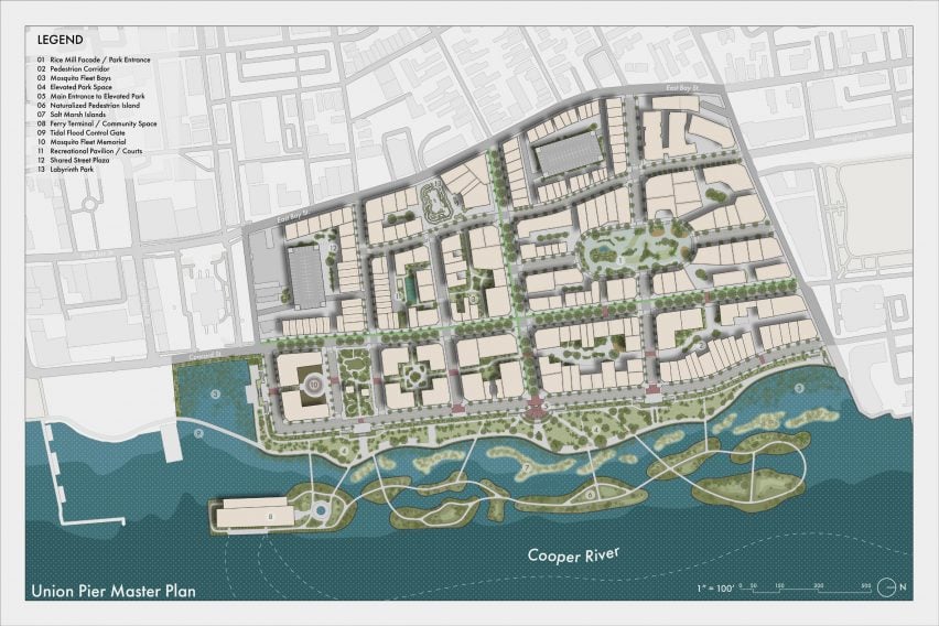 An plan for the redevelopment of a shipping site in Charleston, USA, in tones of white, grey, brown, green and blue, with a key in the to left corner written in black text.