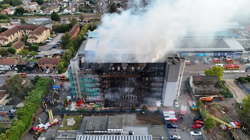 Aftermath of a fire at a building in Dagenham seen from above