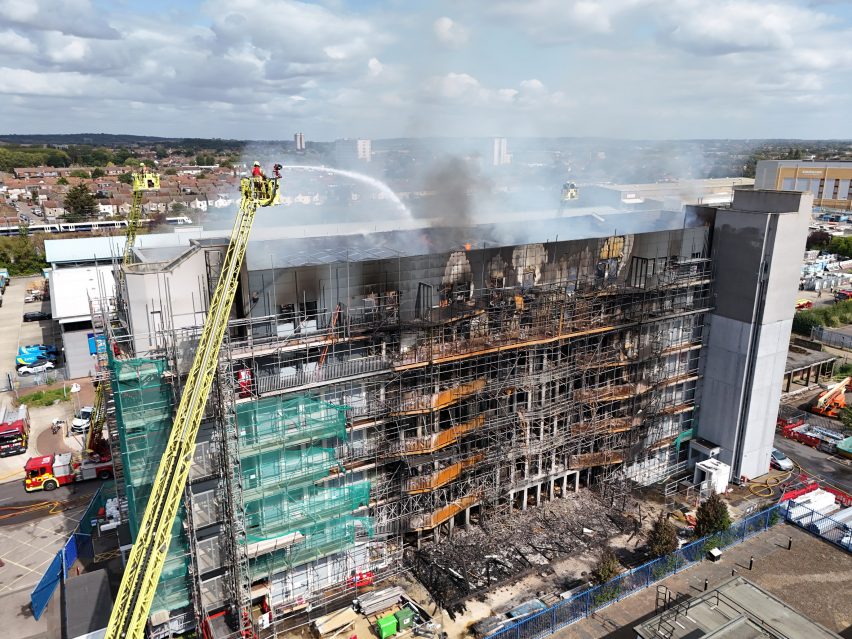 A fire-damaged building in Dagenham, east London