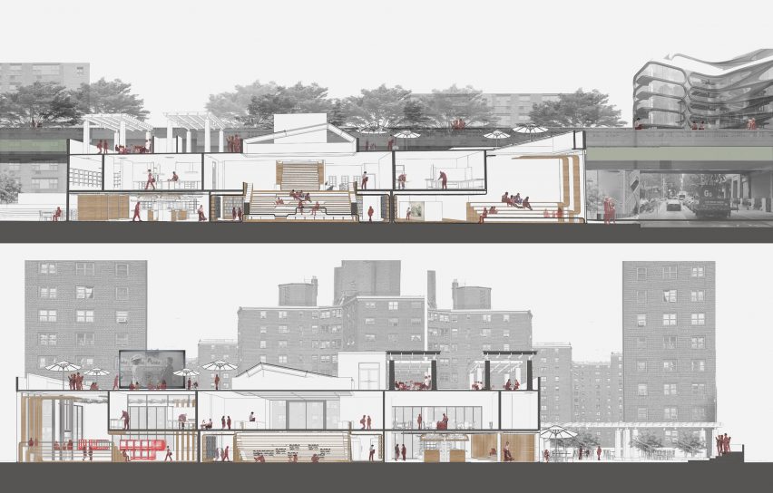 Visualisation of community spaces in tones of grey and brown.