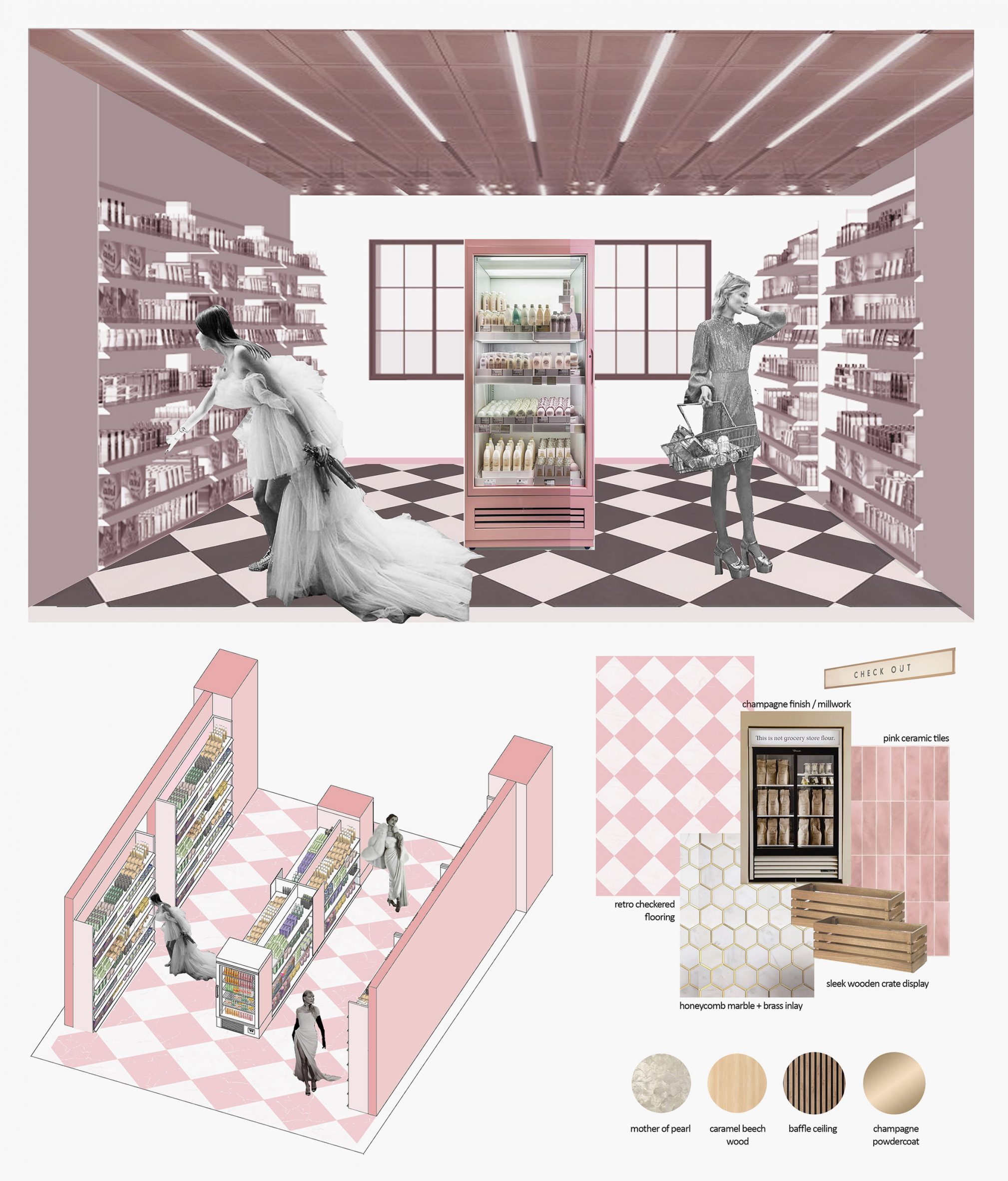 Visualisations of a jewellery store in tones of pink.