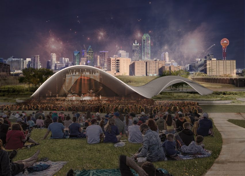 Visualisation of a music venue with an audience, with a city skyline behind it.