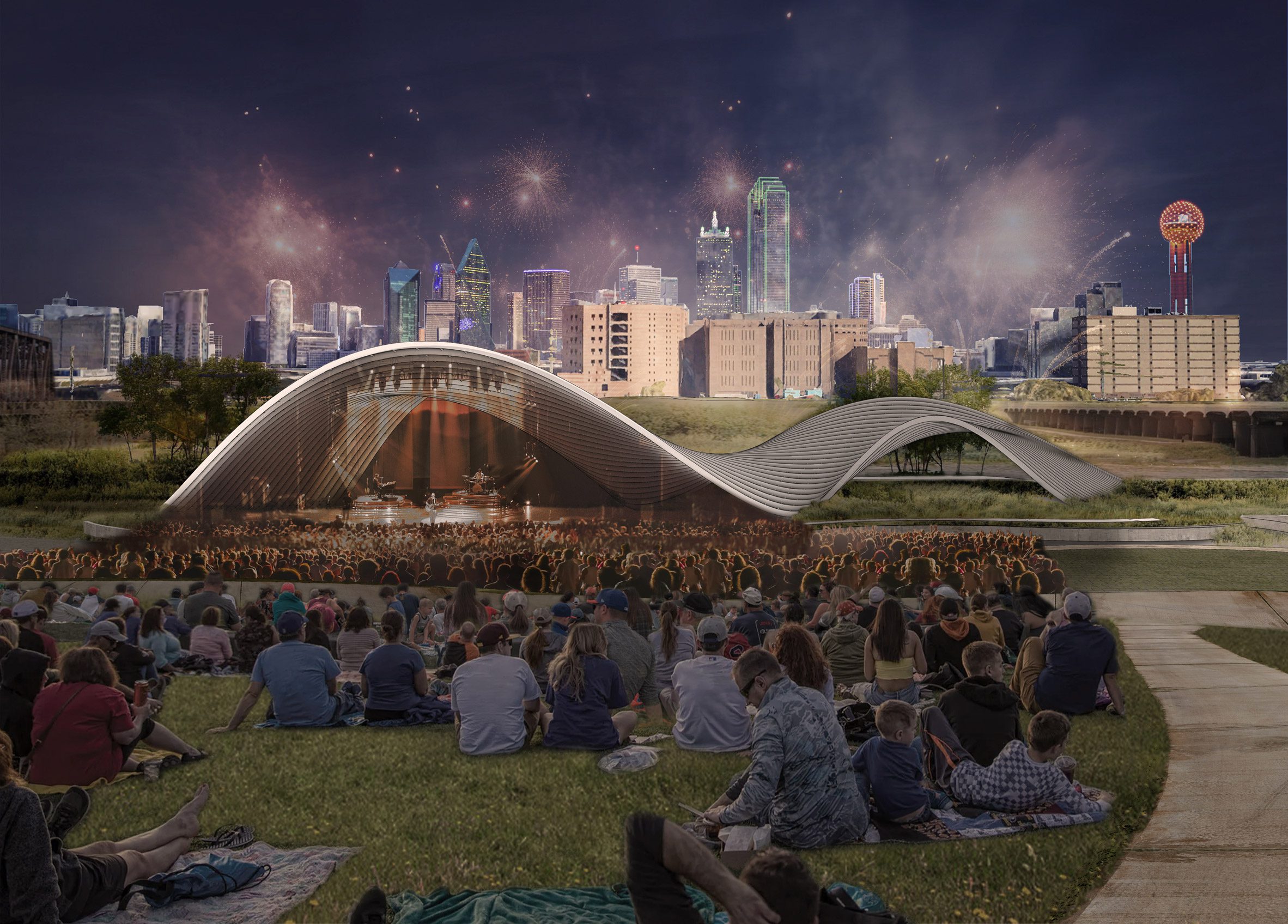 Visualisation of a music venue with an audience, with a city skyline behind it.