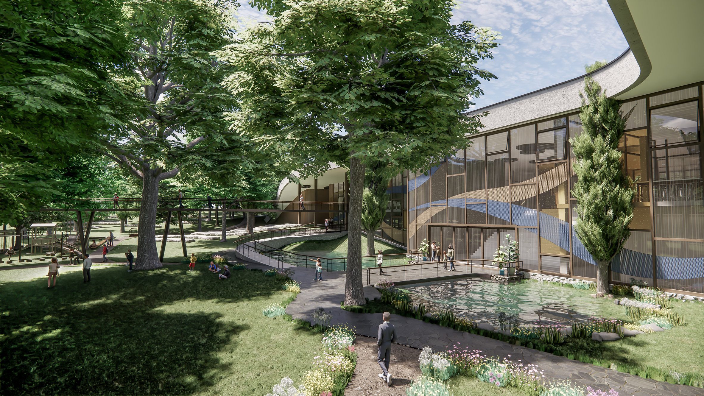 A visualisation of the exterior of a school in tones of green.