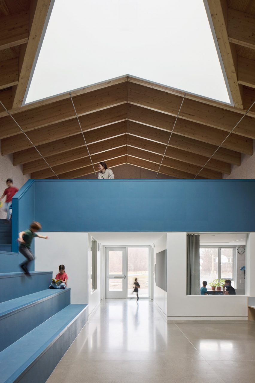 Bright blue staircase and balcony