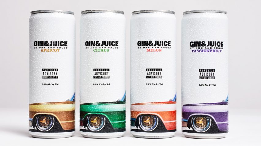 Four beverage cans designed by Ini Archibong for Dr Dre and Snoop Dogg's company Gin & Juice