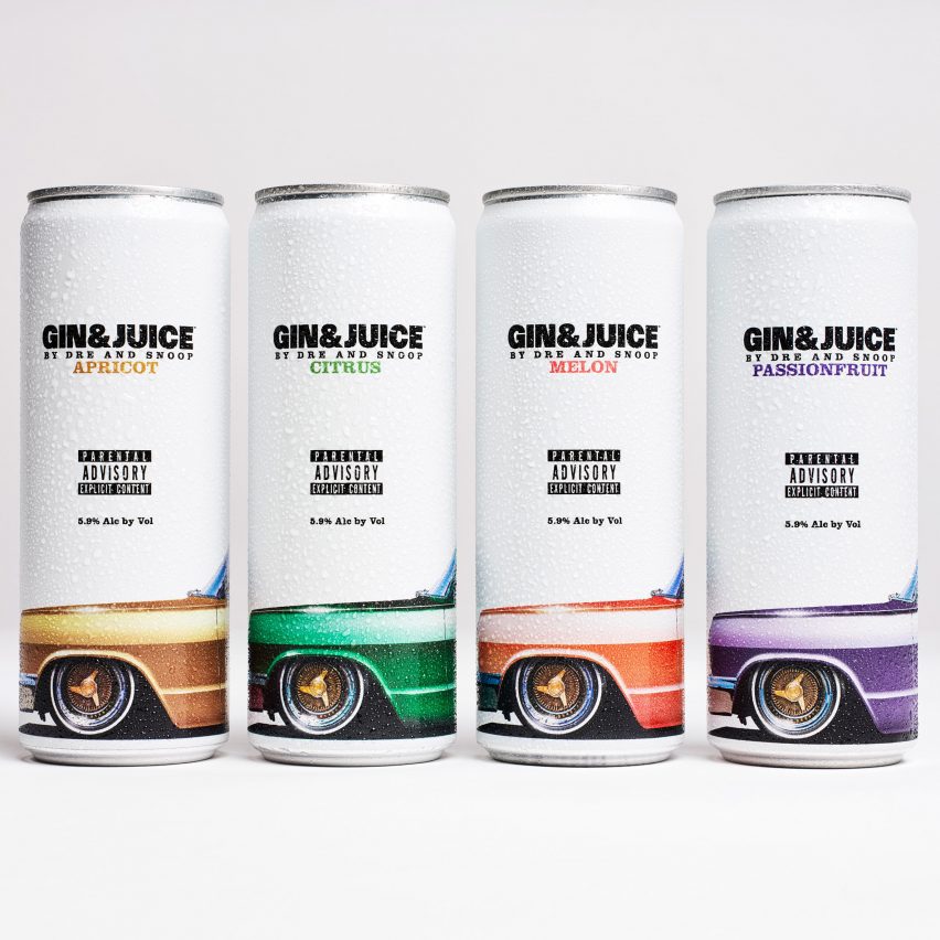 Four beverage cans designed by Ini Archibong for Dr Dre and Snoop Dogg's company Gin & Juice