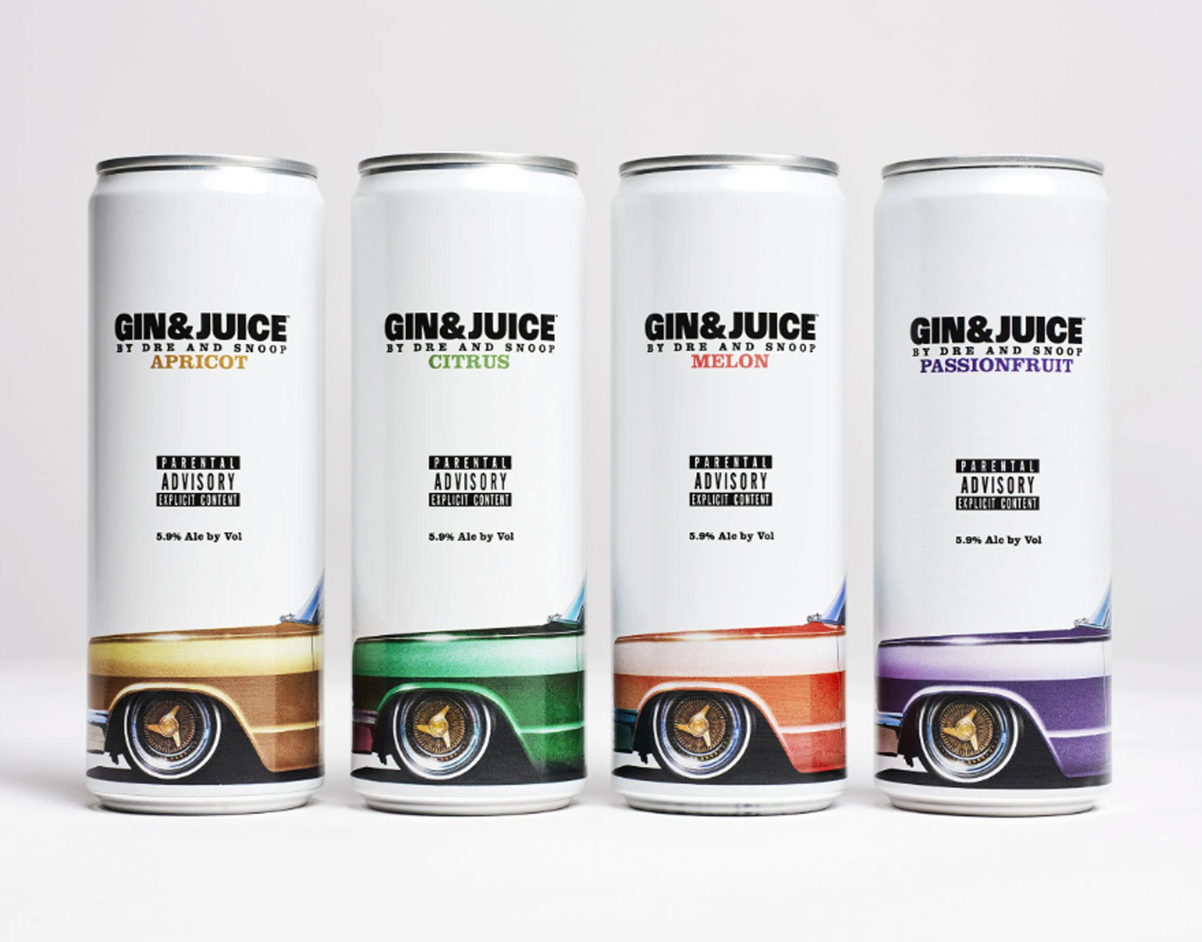 Four beverage cans designed by Ini Archibong for Dr Dre and Snoop Dogg's company Gin & Juice