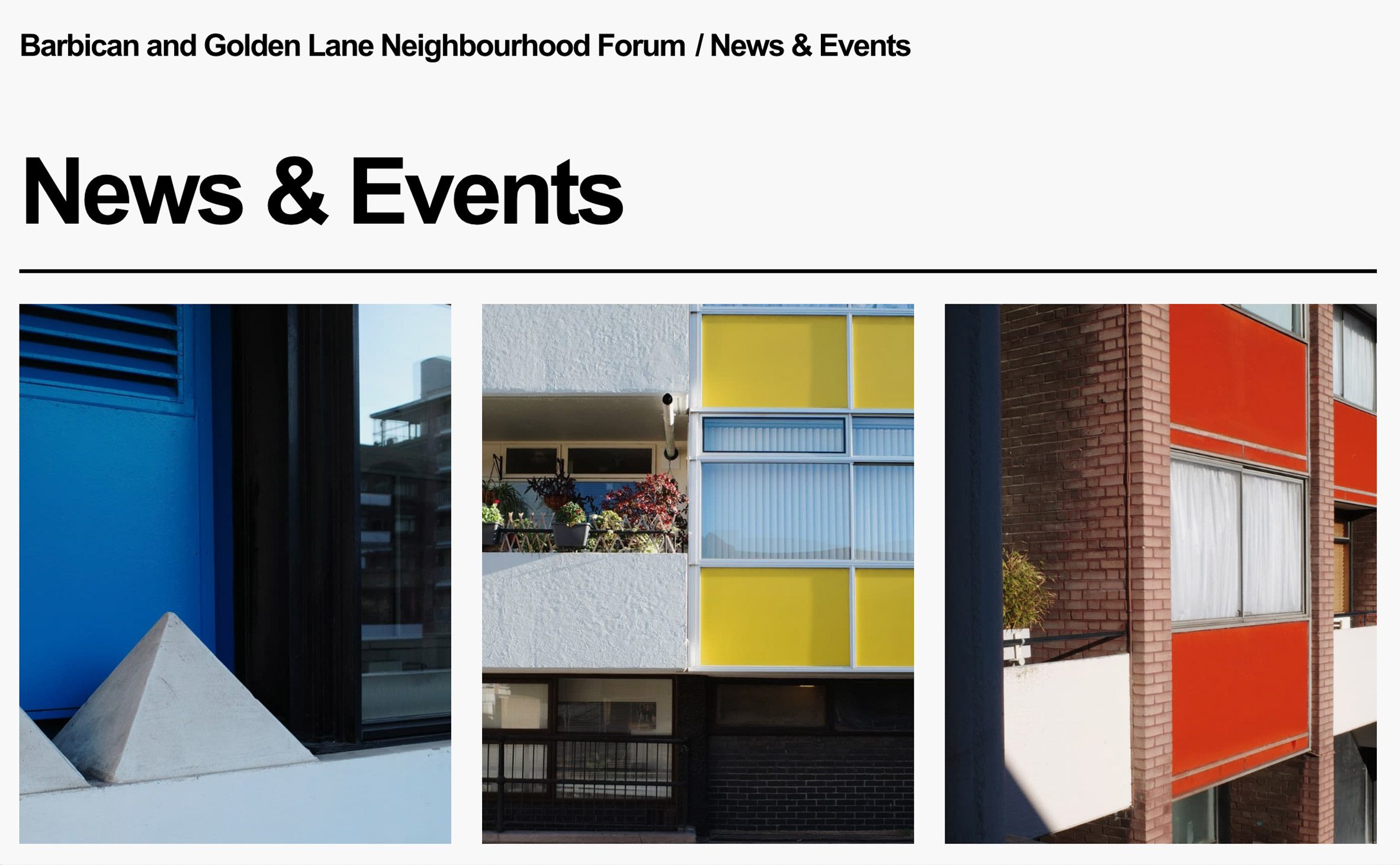 A section of a community forum website, with images of brutalist architecture featuring blue, yellow and red colours, alongside black text against a white background.