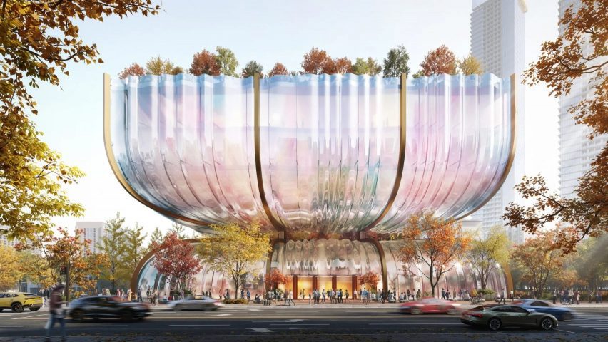 Curved glass building with garden on top by BIG