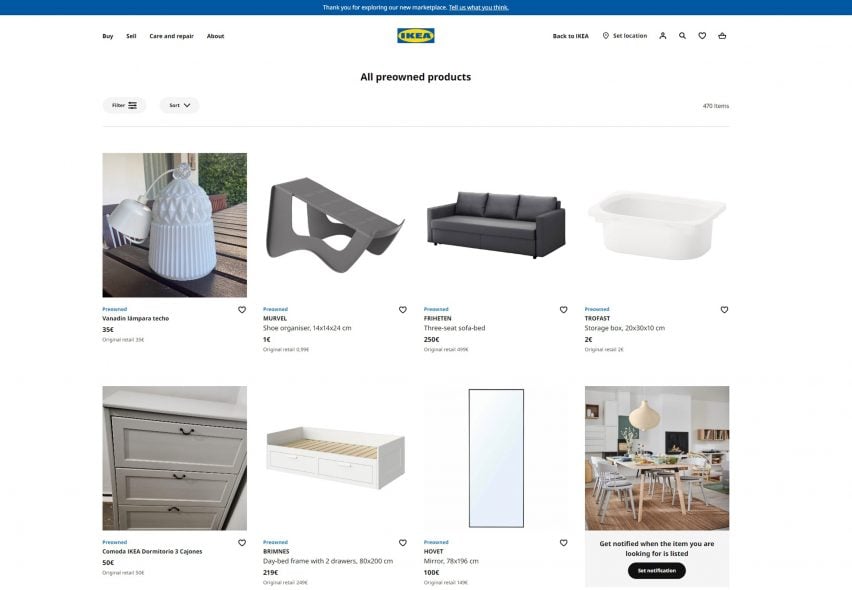 Screenshot of IKEA's secondhand marketplace IKEA Preowned