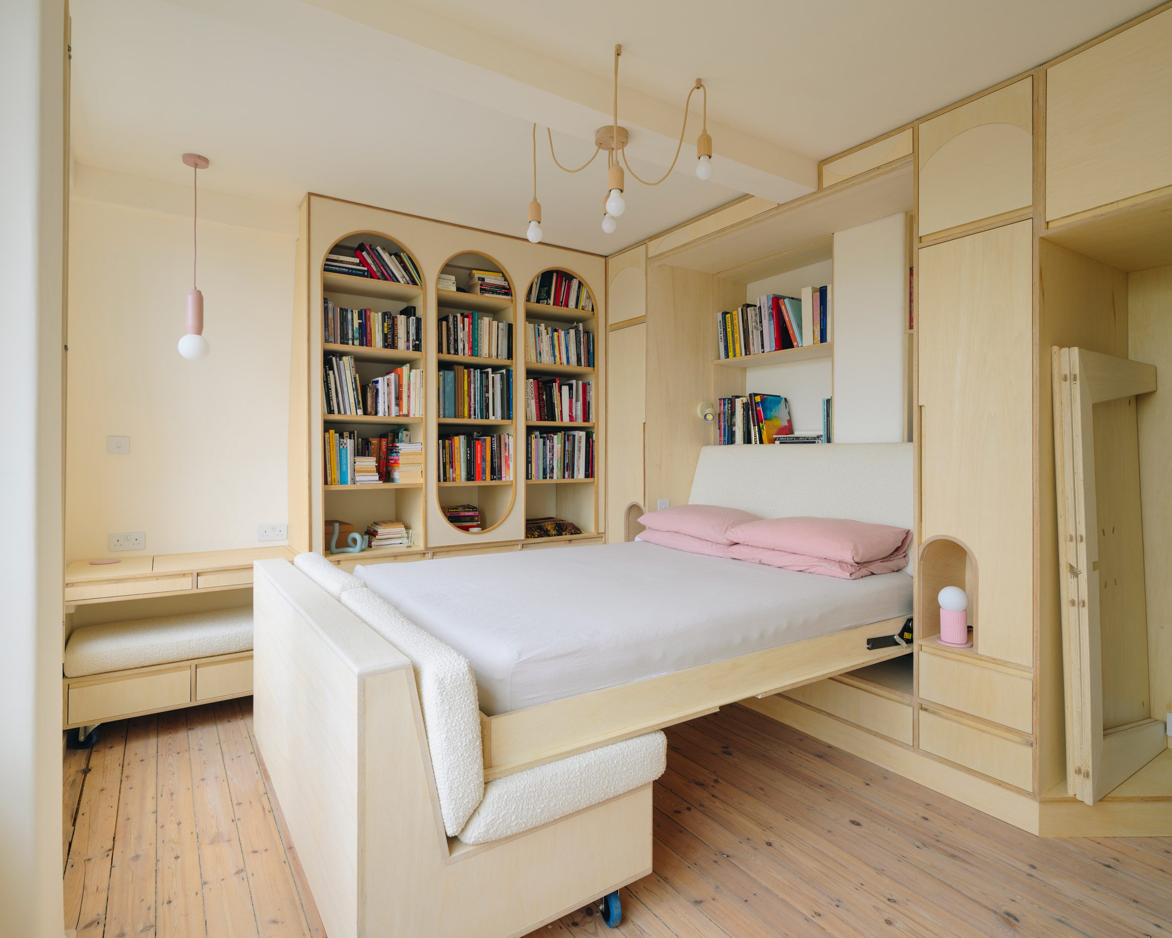 Bedroom with plywood panels