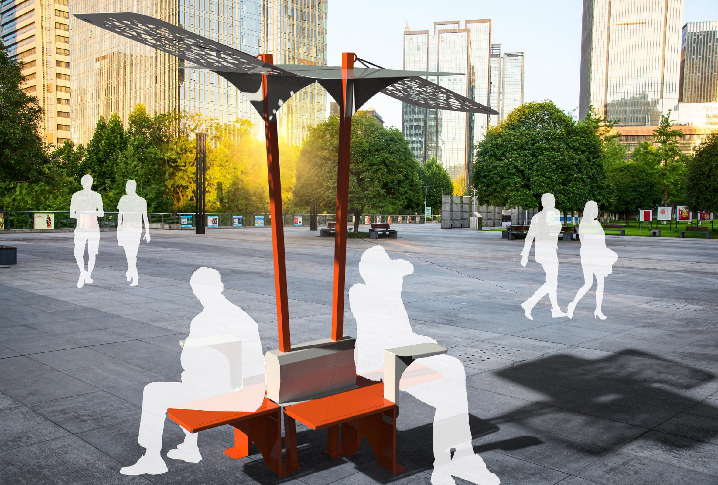 A visualisation of an outdoor seating structure placed in a city.