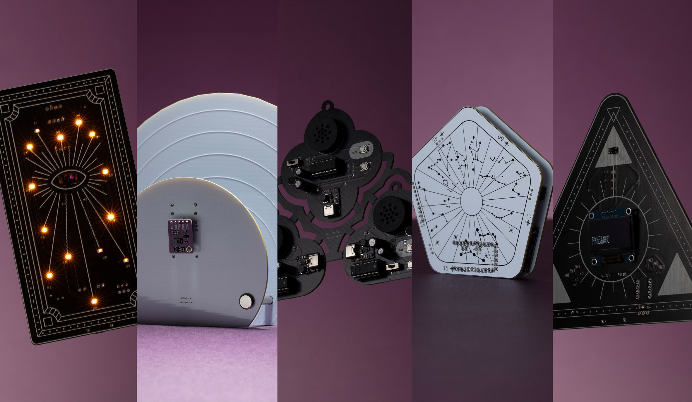 A series of images of circuits inspired by tarot cards against a purple backdrop.